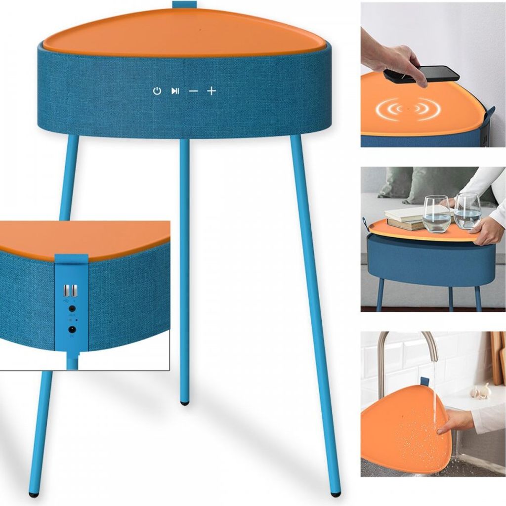 Fontastic Prime Drahtloser Lautsprecher Mesu im Tisch Design blau Raumfüllender Klang, Tischplatte induktives Laden