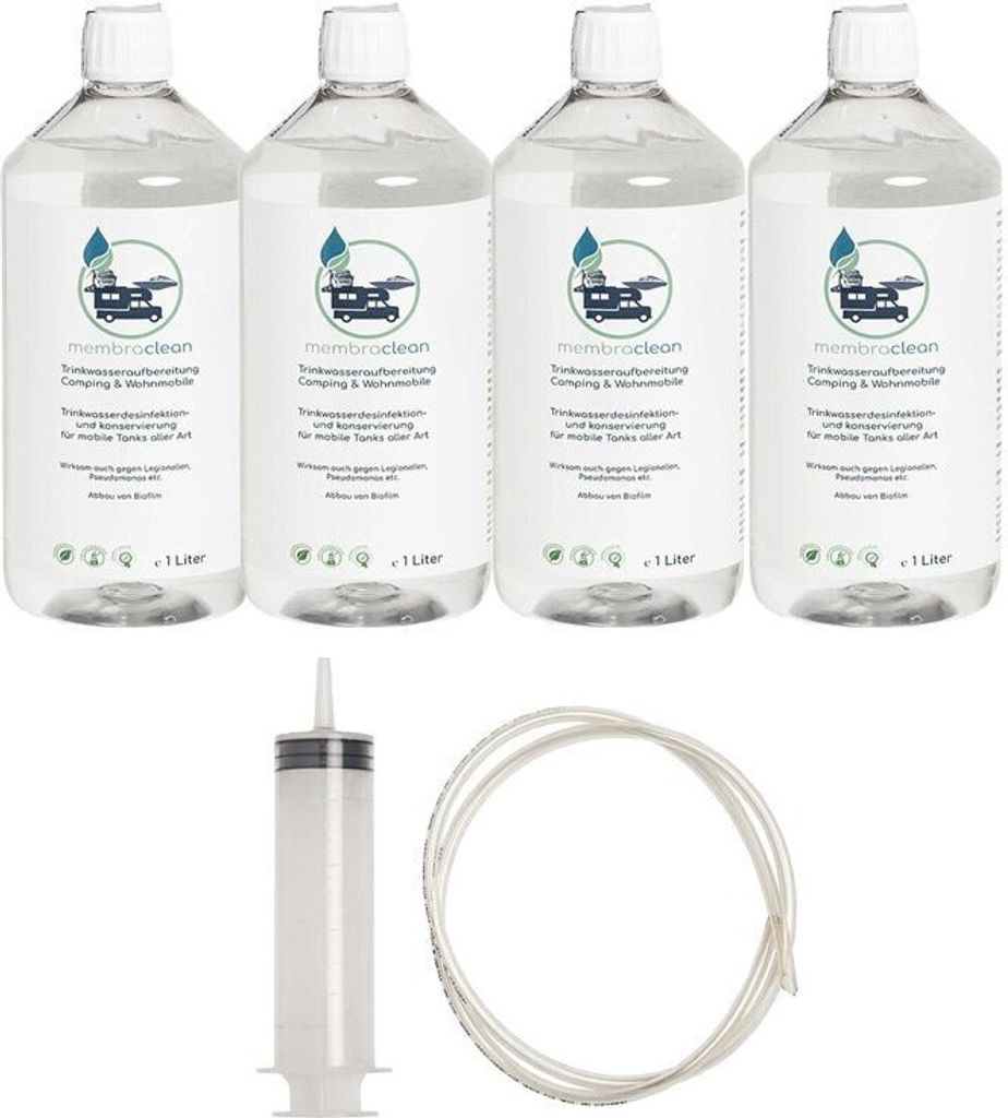 4x 1 Liter membraclean Trinkwasseraufbereitung Camping & Wohnmobile inkl. Befüllset - Einsteigerpaket