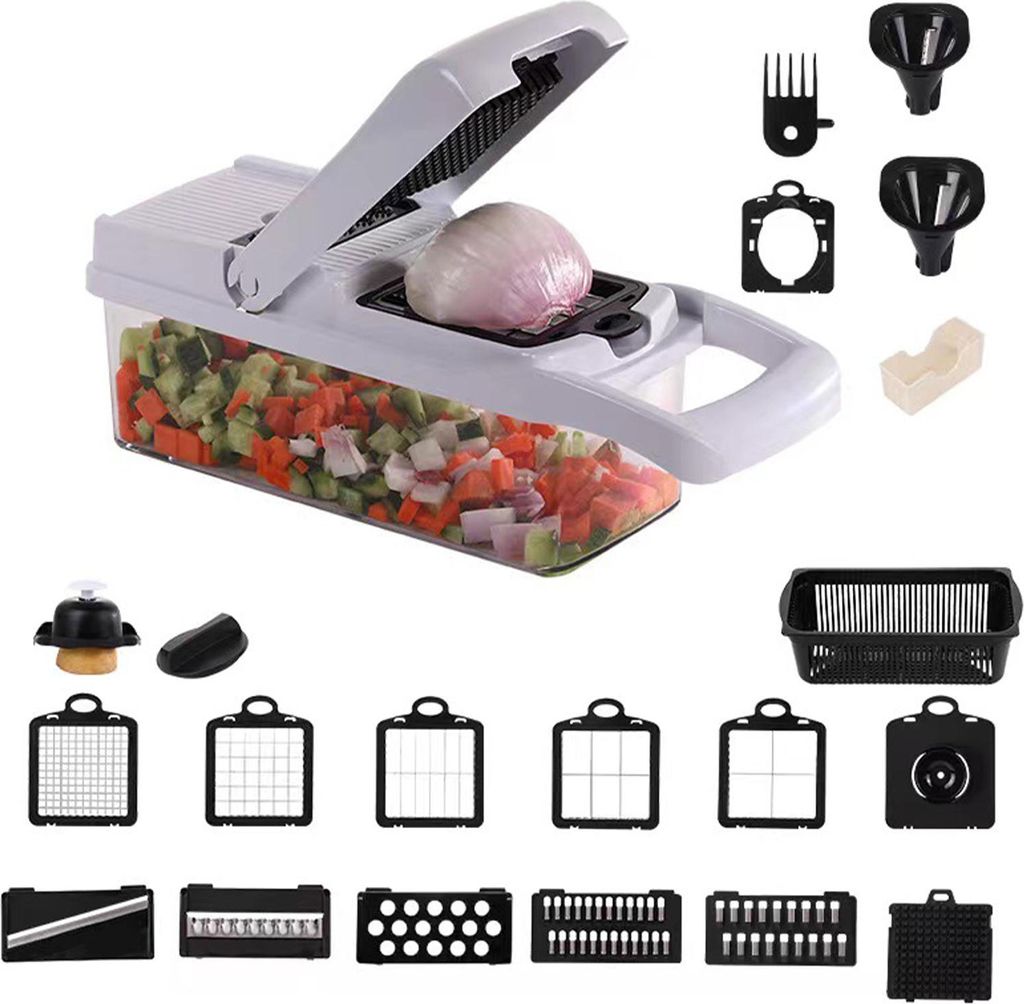 22 in 1 Gemüseschneider mit Behälter und Deckel Manueller Hand-Gemüsehäcksler Selbstreinigender Mini-Häcksler Küchenmaschine für Zwiebel Kno...