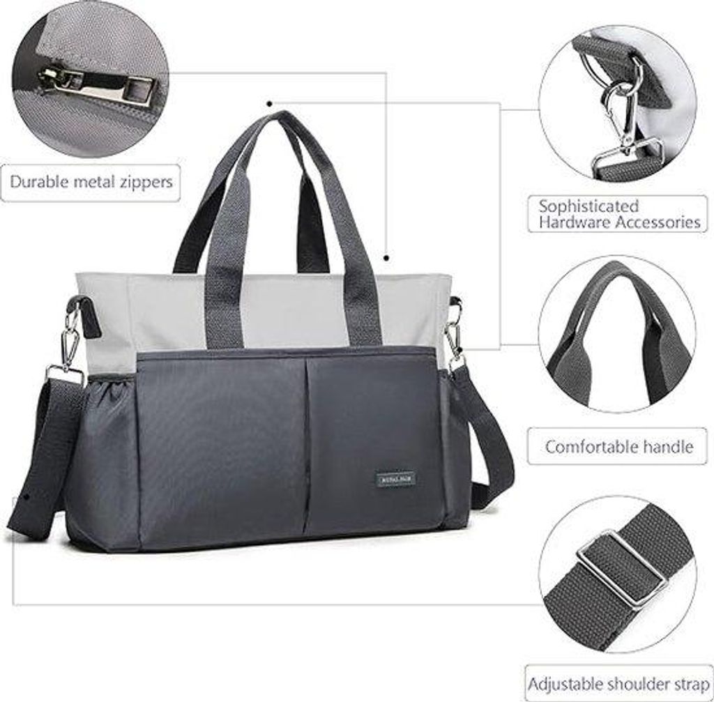 Große Graue Wickeltasche mit kontrastreichem Design, 10 Fächern und Isolier-Tasche