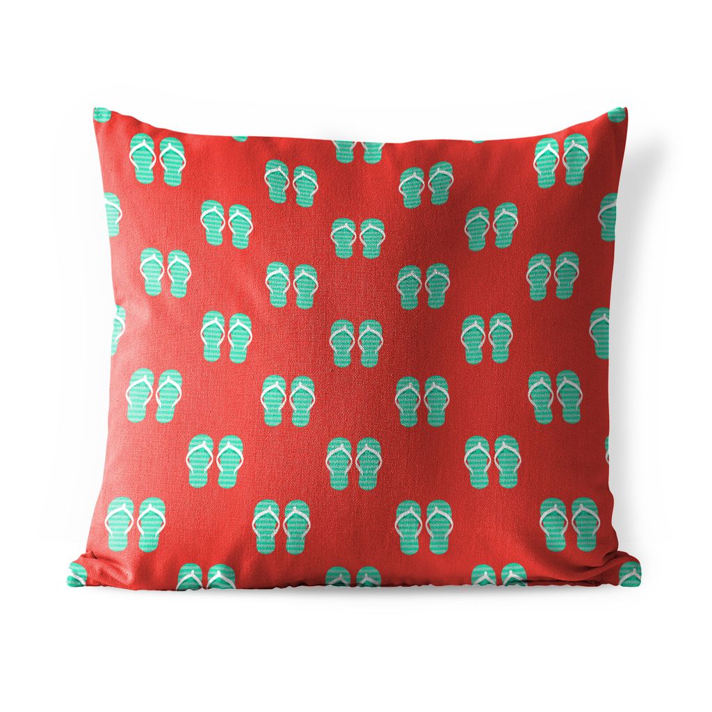 MuchoWow Outdoor Kissen - Sommer - Pantoffeln - Rot - 50x50 cm - Wetterfest - Lounge Kissen - Komfortabel - Kissen mit Bild