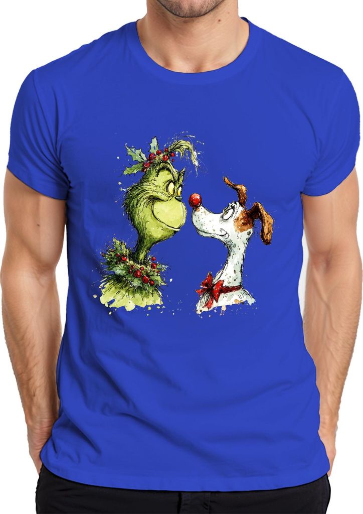 Grinch Weihnachten Max Hund rote Nase lustig Retro Herren T-Shirt, Blau, L