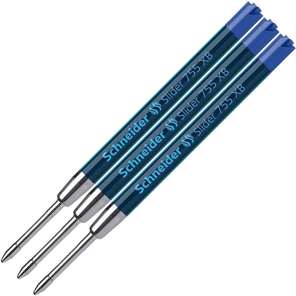 Three blue ink pen refills are arranged diagonally on a white background.