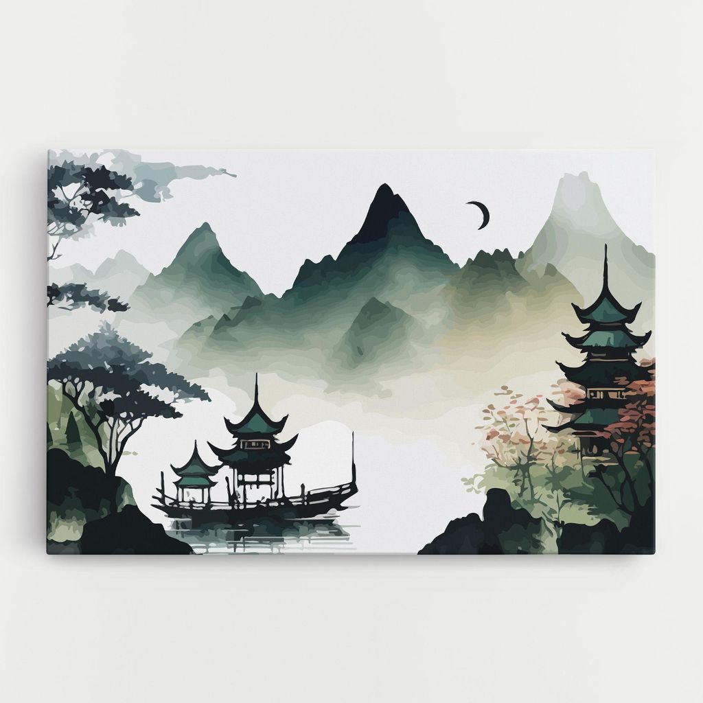 ARTHUB Leinwandbild 50x70 cm, Green Mountain Moon | Wohnzimmerdekoration, Hängende Bilder, Wanddekoration, Heimdekoration, Moderne, Asiatisch