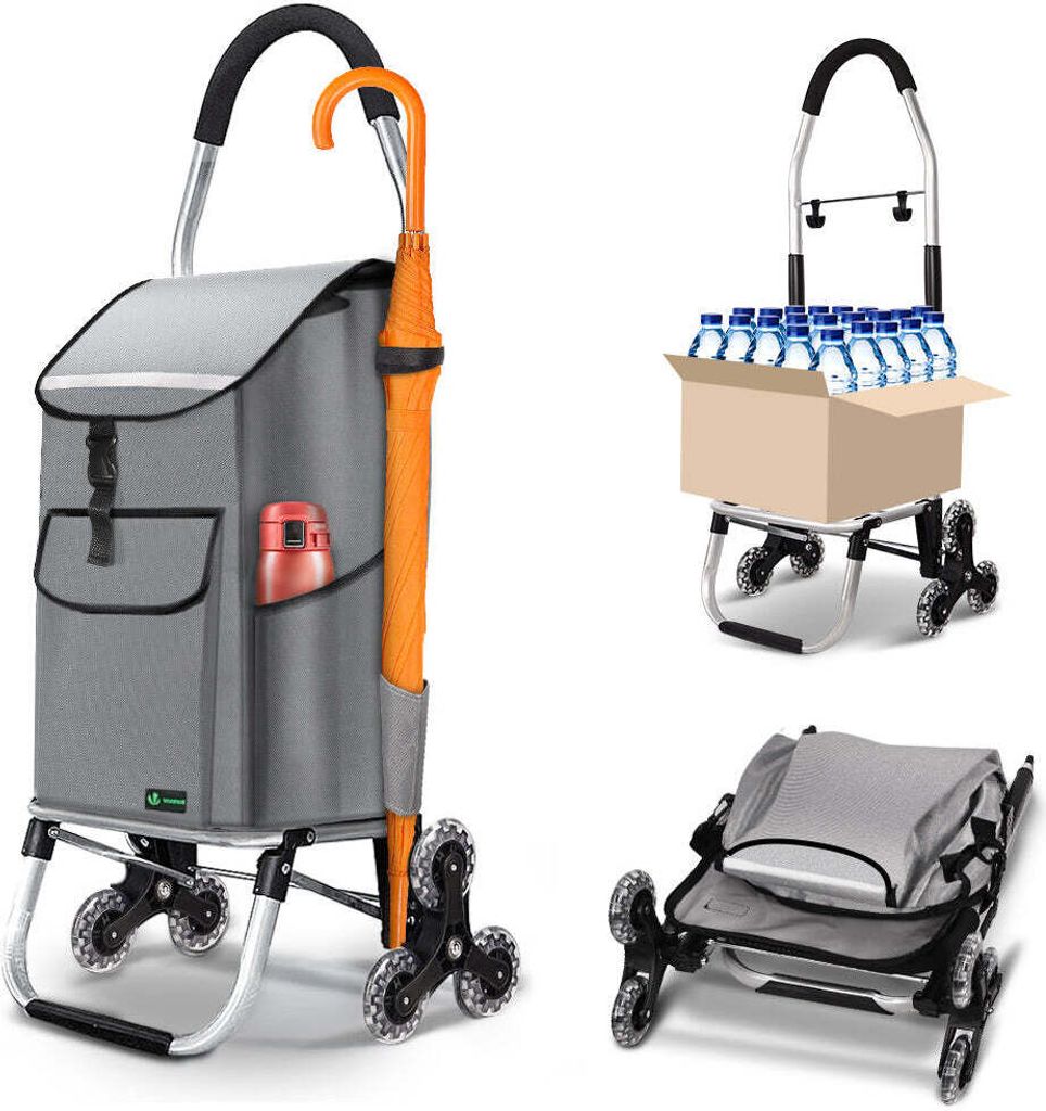 VOUNOT Aluminium Einkaufstrolley Treppensteiger, Trolly Einkaufswagen Klappbar mit Haken 6 Räder, Grau
