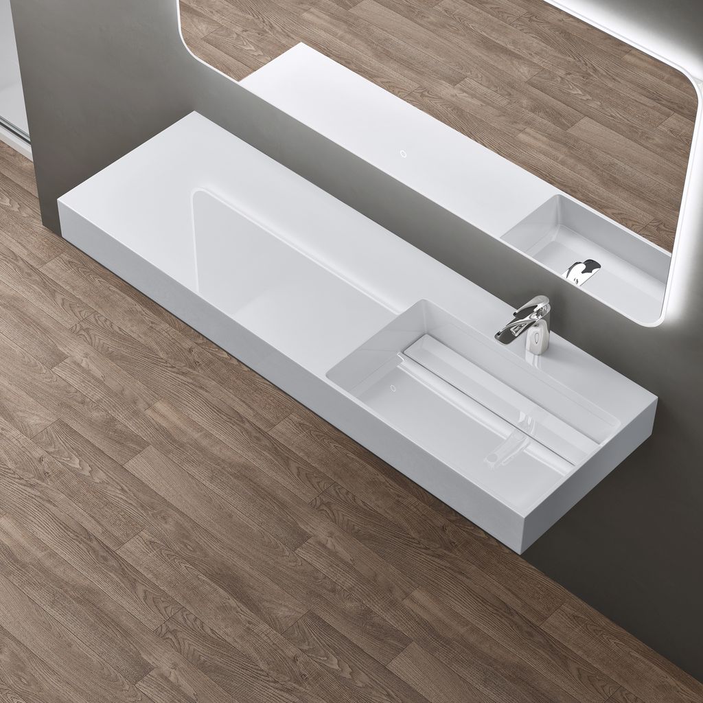 doporro Design Waschbecken 150x48x13 cm mit verstecktem Ablauf in weiß aus Mineralguss als Aufsatzwaschbecken und Hängewaschbecken geeignet col12-R