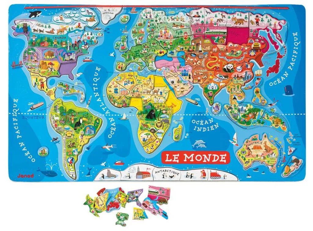 Jeu éducatif magnétique Janod : Puzzle du monde en bois pour écoliers