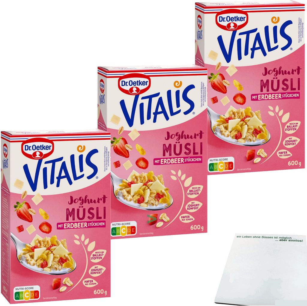 Dr. Oetker Vitalis Joghurtmüsli mit Erdbeerstückchen 3er Pack (3x600g Packung) + usy Block