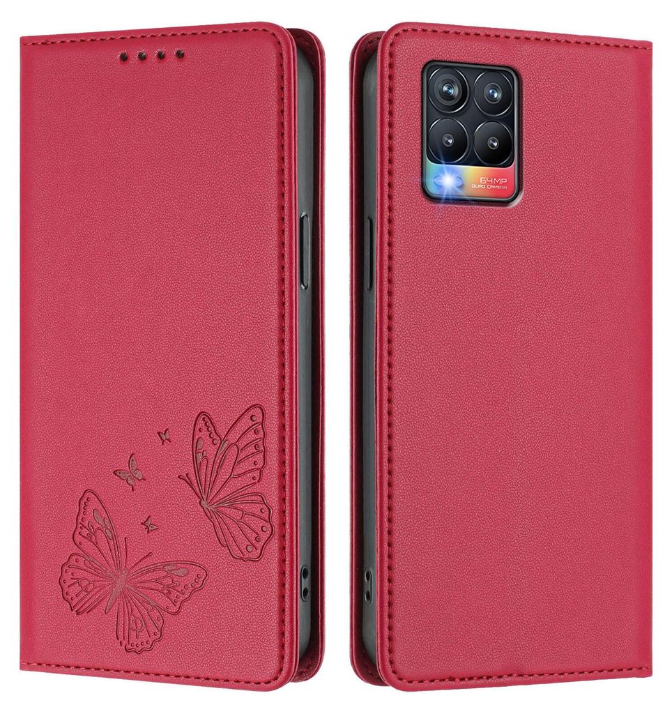 Lederhülle für Realme 8 4G/Realme 8 Pro 4G, Schmetterling Prägung Leder Brieftasche Schutzhülle mit Ständer Rot