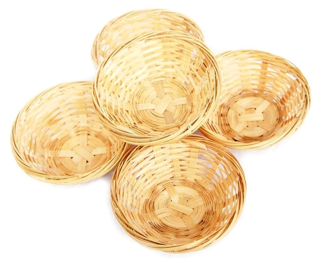 Set aus 5 geflochtenen Bambuskörbchen, Dekorative Rundkörbe, Durchmesser 15x5 cm
