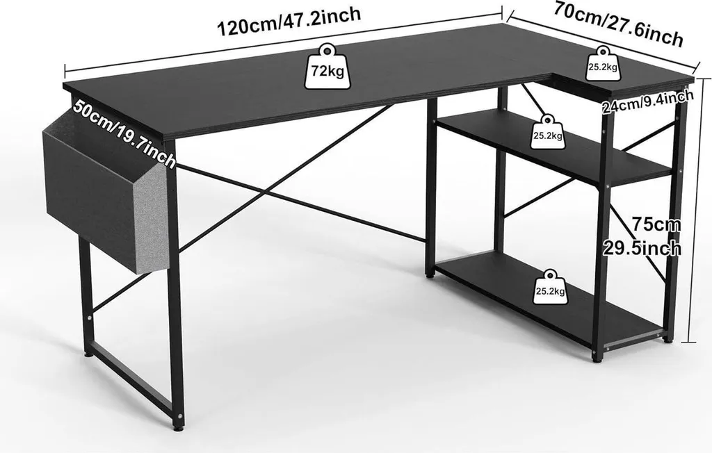 Bureau d'angle gamer 120 cm avec étagères pour configuration gaming PC