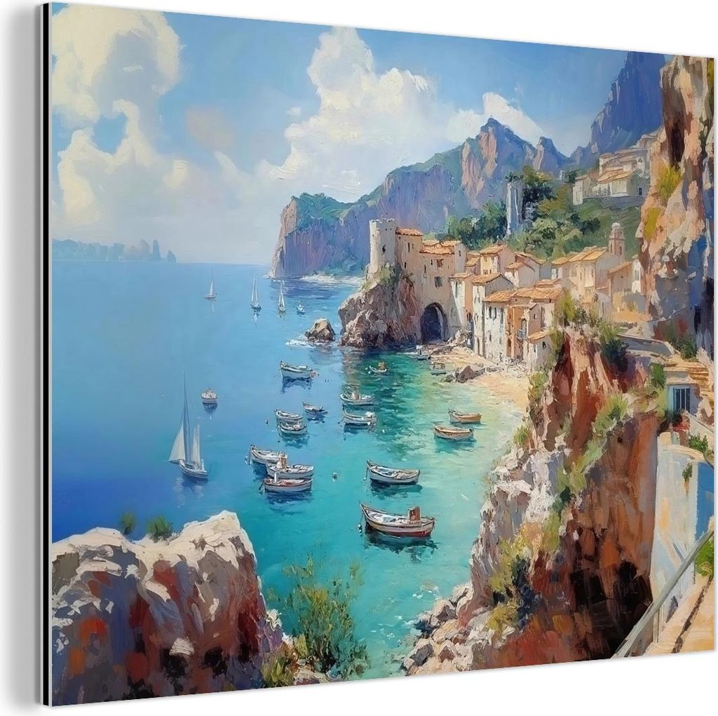 MuchoWow Wanddekoration Metall Metallbild Wandkunst 80x60 cm Küstendorf - Malerei - Felsen - Boote MuchoWow Aluminium Gemälde - Alubild