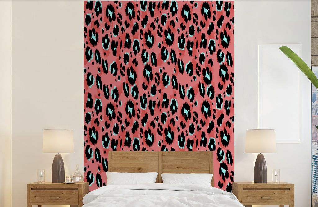 MuchoWow Fototapete für Wohnzimmer oder Schlafzimmer Wandtapete Vinyl Motivtapete Pantherdruck - Rosa - Blau - Muster - 190x300 cm - Kinderzimmer