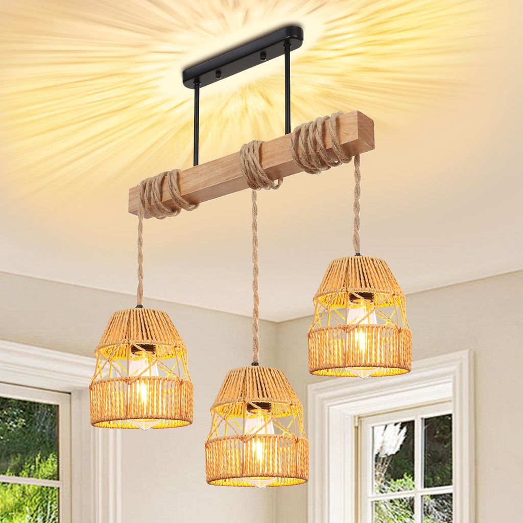 Rattan Deckenlampe Pendelleuchte Esstisch Hängeleuchte 3-Flammige Esszimmer Lampe Für Kücheninseln Hängend Vintage Landhaus Lampe E27 (3 Köpfe...