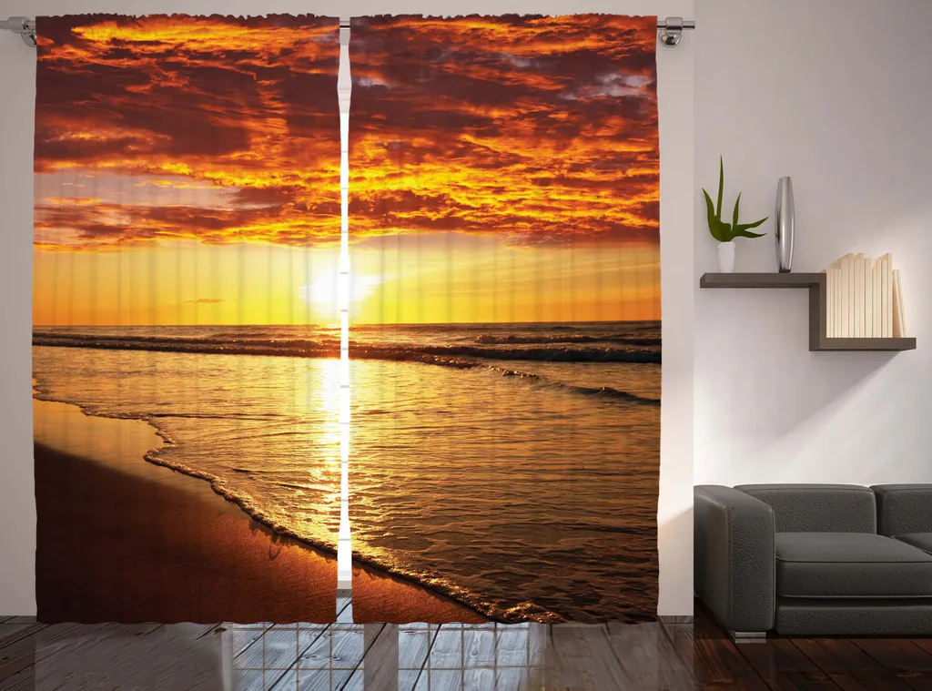 Rideaux universels à boucles pour salon avec paysage de plage orange