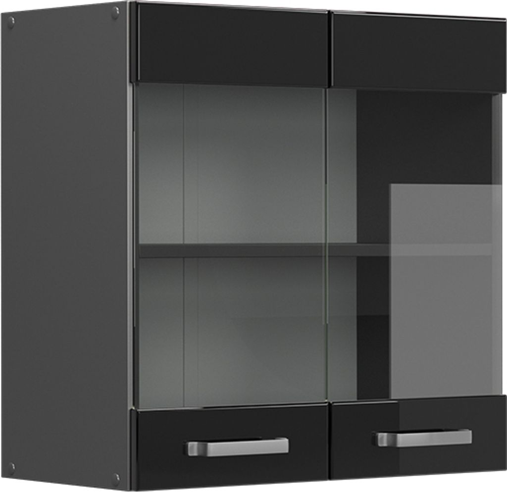 A 3D render of a black high-gloss wall cabinet with glass doors and drawers.