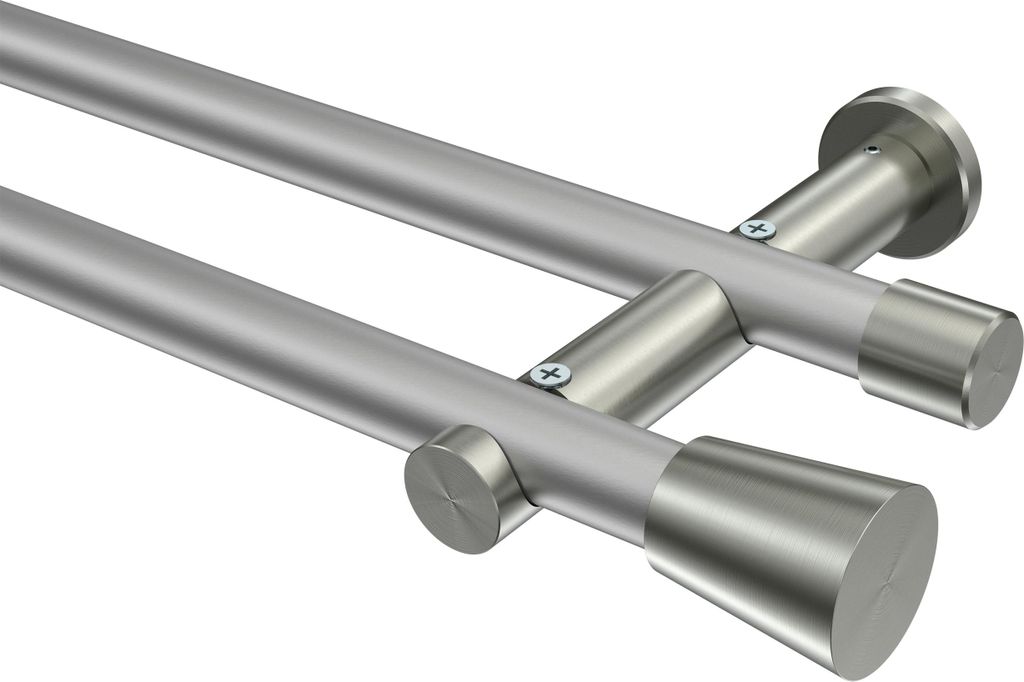 Interdeco Gardinenstange / Vorhangstange Silbergrau / Edelstahl-Optik, Typ Platon Sitra (Konus) ohne Ringe, 20 mm Ø 2-läufig, 600 cm