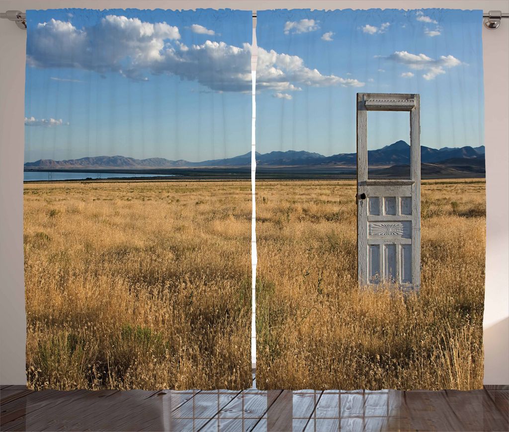 ABAKUHAUS Sommer Rustikaler Gardine, Feld mit Bergen, Schlafzimmer Kräuselband Vorhang mit Schlaufen und Haken, 280 x 245 cm, Erde Gelb Kokosnuss