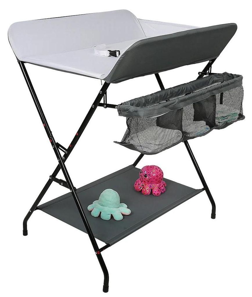 Baby Wickeltisch - Pflegetisch - Metallgestell - Mit Aufbewahrungskorb & Ablagen - Für 0–12 Monate - Grau