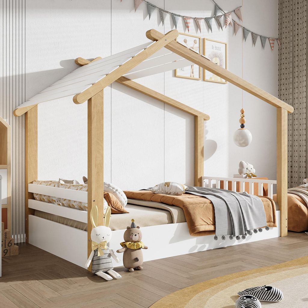 Sweiko Holzbetten, Kinderbett, Einzelbett, Exquisites Holzhausdesign, Stabile Lattenroste, Schlichtes Design, Kiefer + Spanplatte +MDF, Weiß+Natur...