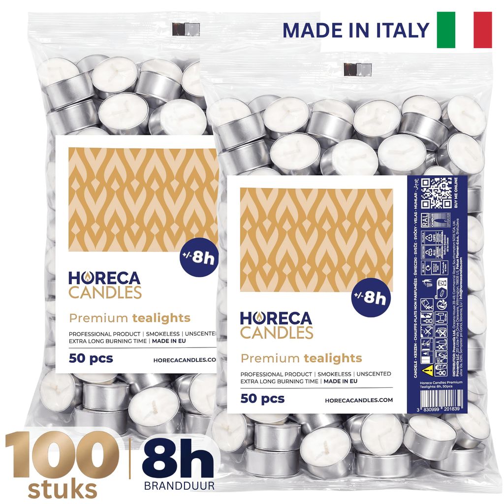 HORECA CANDLES Theelichtjes 100 Stuks Wit - 8 Uur Productafbeelding 