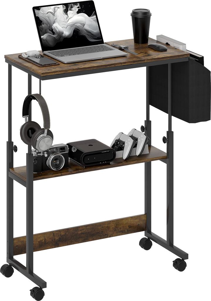 Höhenverstellbarer Schreibtisch mit neigbarer Platte, Rollen und Ablagefach - Braun für Büro, Homeoffice, Zeichen- und Lesetisch