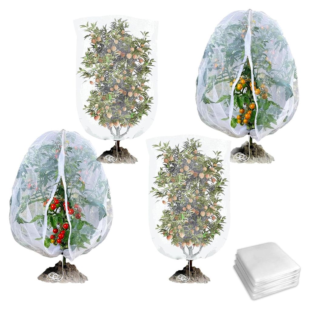 4 Stück Insektenschutznetz für Vögel mit Reißverschluss und Kordelzug, 1x1,2m Garten Schutznetz für Obstbäume und Gemüse