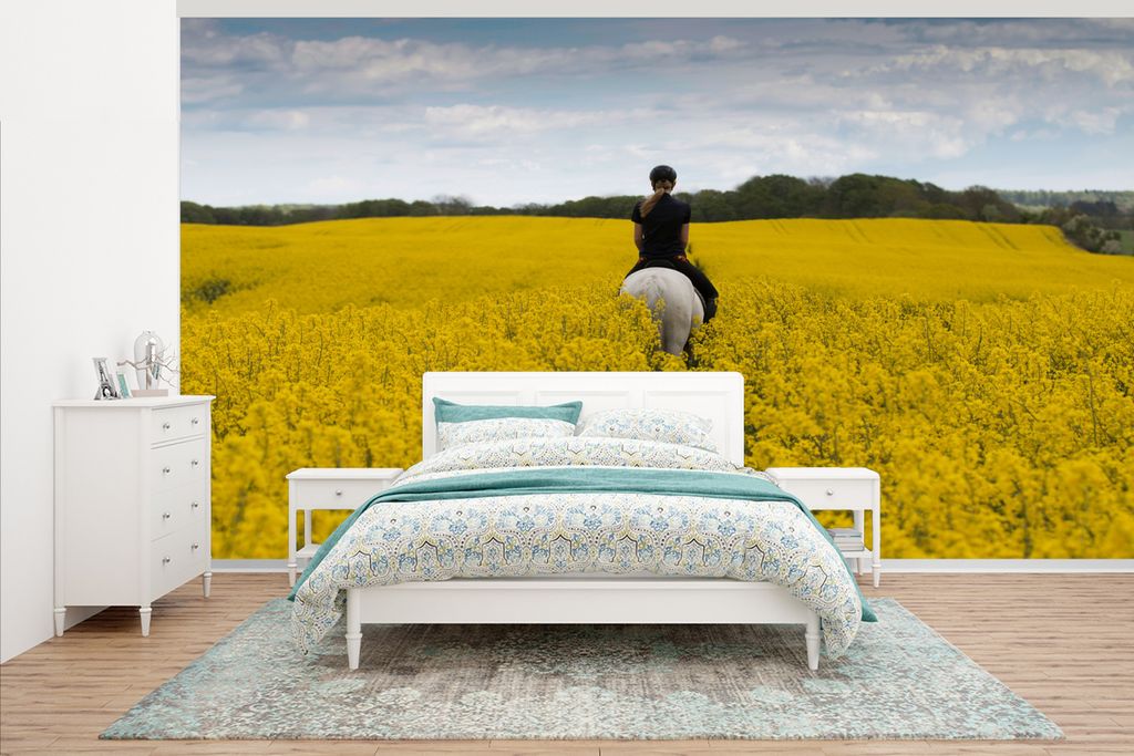 MuchoWow Fototapete für Wohnzimmer oder Schlafzimmer Wandtapete Vinyl Motivtapete Pferde - Reiten - Blumen - 500x280 cm - Fototapeten