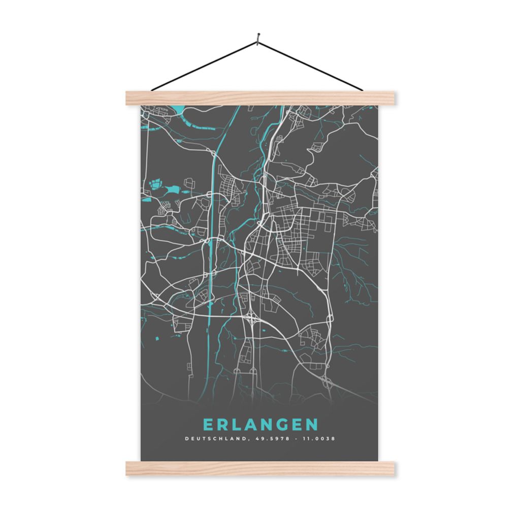 MuchoWow Textilposter Karte - Stadtplan - Erlangen - Deutschland - Blau 120x180 cm mit holzfarbenen Rahmen - Textil-Plakat