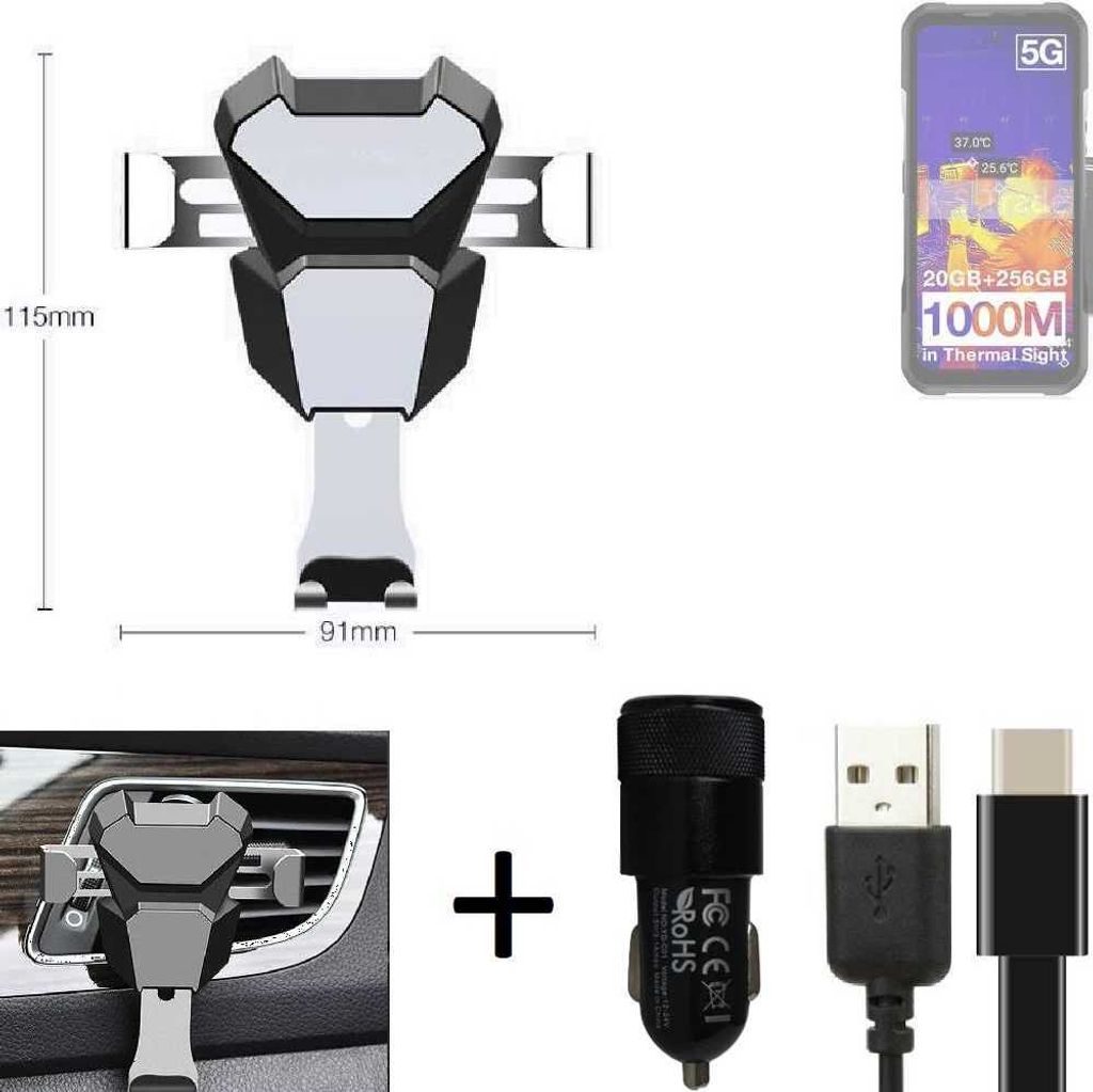 K-S-Trade Lüftungsschlitz Halterung kompatibel mit Doogee V20 Pro Lüftungshalterung Lüftungsgitter schwarz-silber Auto-Halterung Smartphone Halter