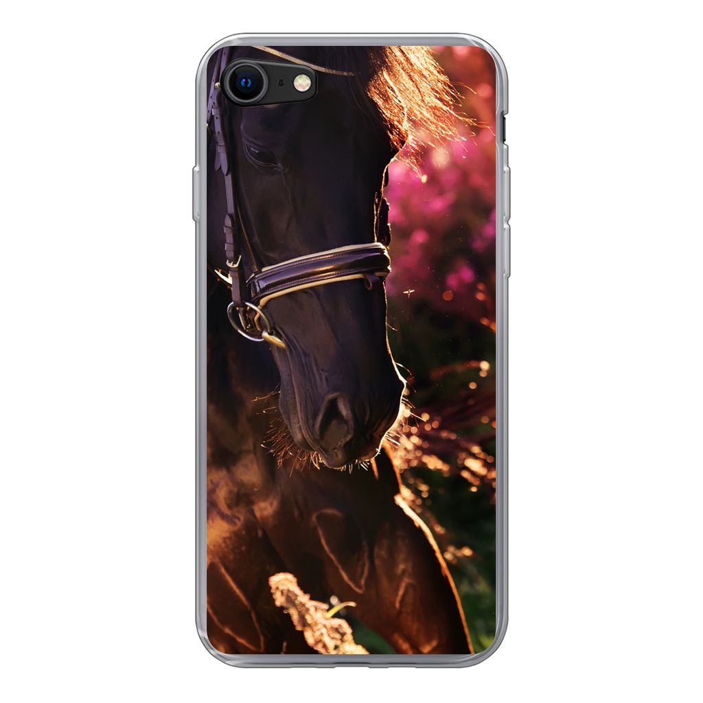 MuchoWow Handyhülle Schutzhülle Hülle für iPhone SE 2020 Pferd - Sonne - Porträt Silikon Softcase Handy Hülle - Kartenbesitzer