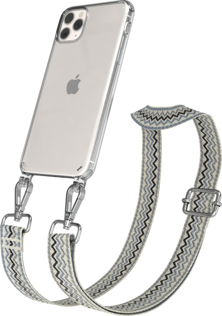 Apple iPhone 11 Pro Max Chain Eyelets Slim Neck Strap Set Wave Style 07 Beige/Blue 03 Metall Silver