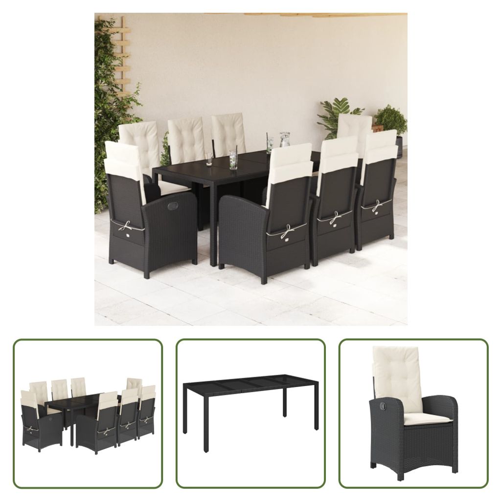 The Living Store 9-tlg. Garten-Essgruppe mit Kissen Schwarz Poly Rattan