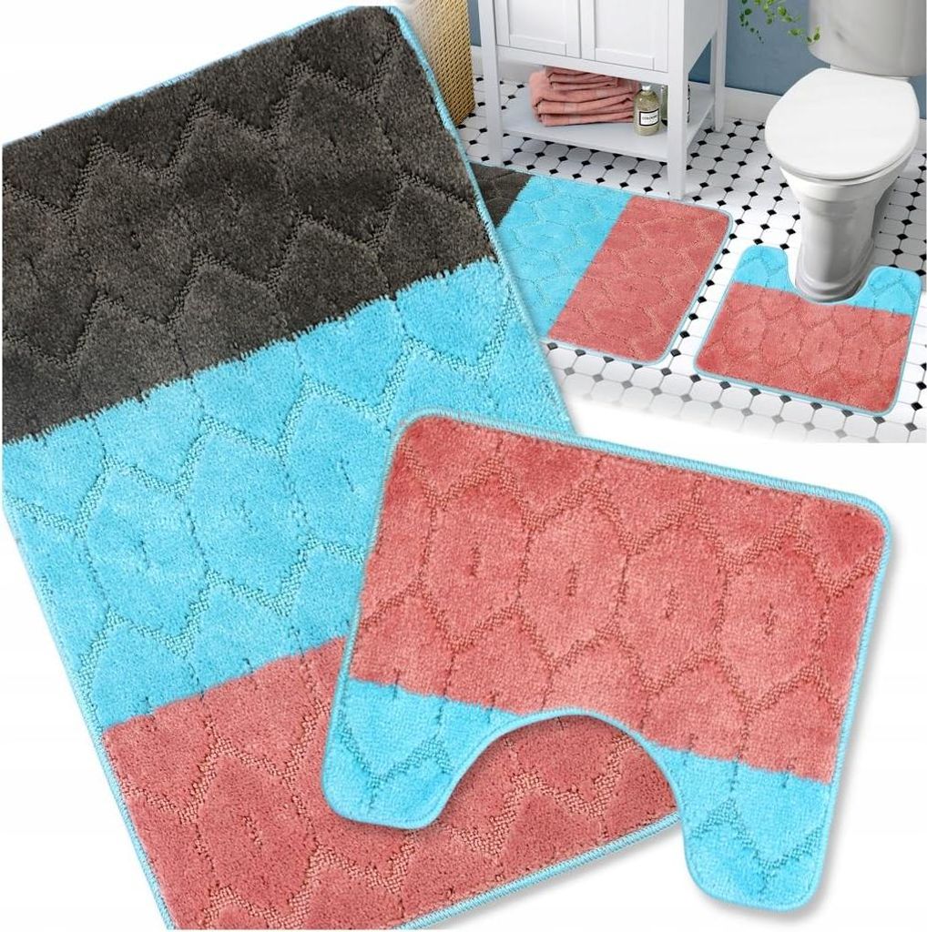 Badteppich Set 2-TLG. Schwarz-Blau-Rosa - rutschfest & Weich, Badematte für Badezimmer Teppich 50x80 cm & 50x40 cm - Ideal für Fußbodenheizung