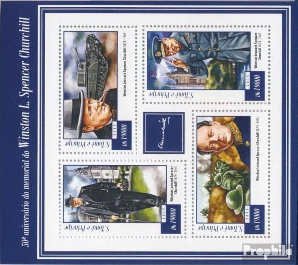 Briefmarken Sao Tome e Principe 2015 Mi 6010-6013 Kleinbogen (kompl. Ausgabe) postfrisch 50. Gedenktag von Winston Churchill