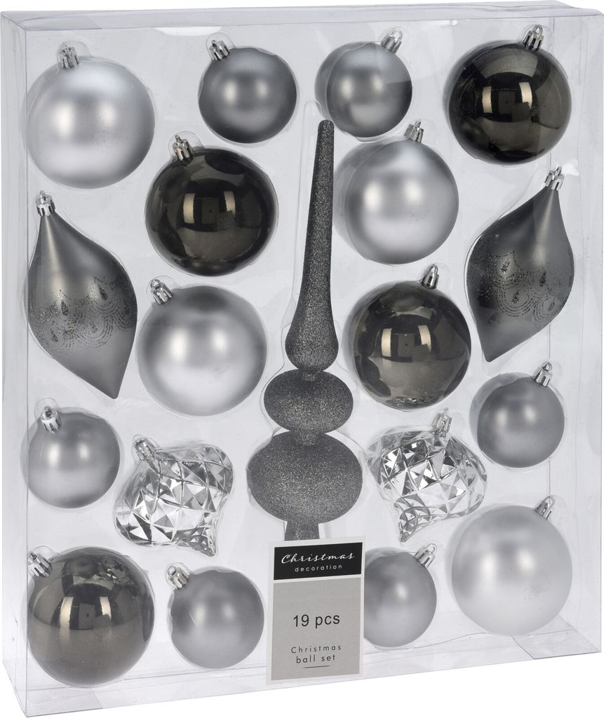 19er Set unzerbrechliche Christbaumkugeln in Silber, Matt und Glänzend