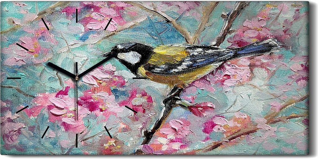 Leinwand Uhr Küche Wohnzimmer Bild 60x30 Gemälde Blumen Zweig Tier Vogel Kunst - schwarze Hände