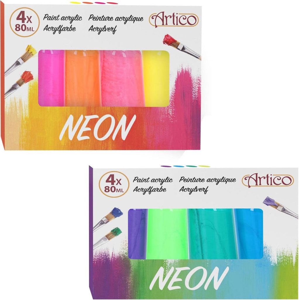 Neon Acrylfarben-Set 4x80 ml Pink/Gelb & Grün/Blau