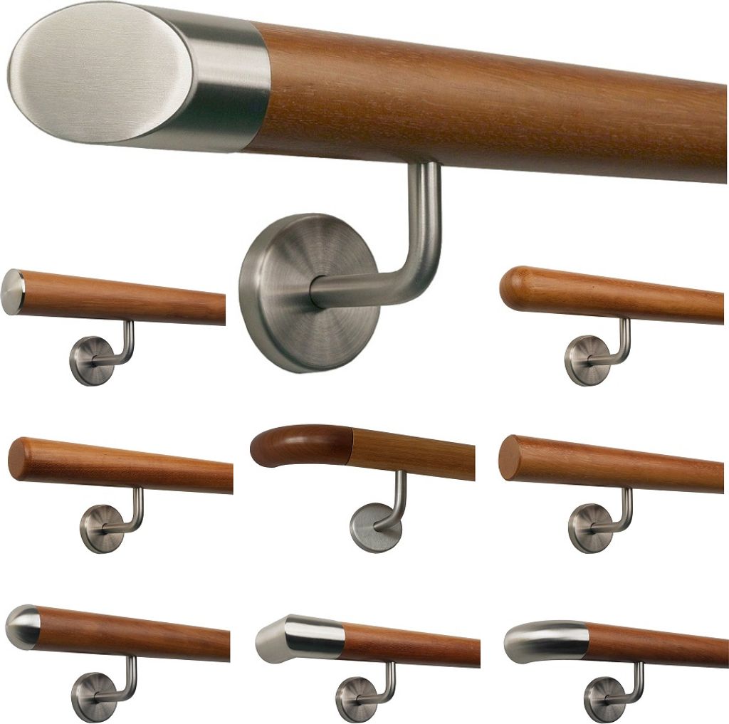 TIBU Kambala Handlauf Holz Ø 42 mm gewinkelte Edelstahlhalter, Länge 240 cm mit 4 Halter und Ende schräges Edelstahlstück