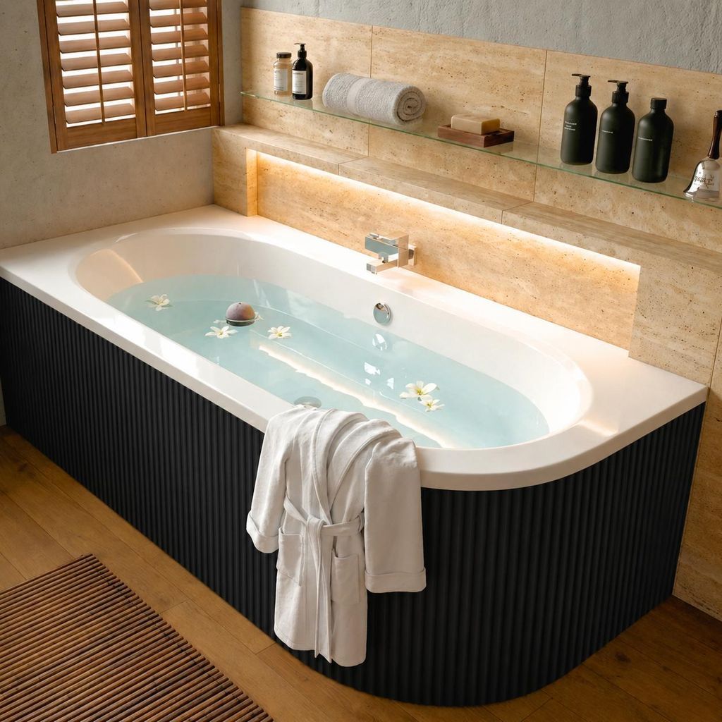 AQUA For You | Badewanne - BESCO AVITA - Eckbadewanne - 150x75 cm - LINKS - Schwarz Set mit Schürze, Füßen, Ablaufgarnitur, Rechteck Badewanne