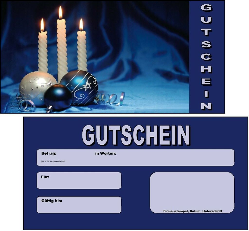 100 Geschenkgutscheine Gutscheinkarten Gutscheine Weihnachten Einzelhandel Wellness Gastronomie Kerzen blau GS1