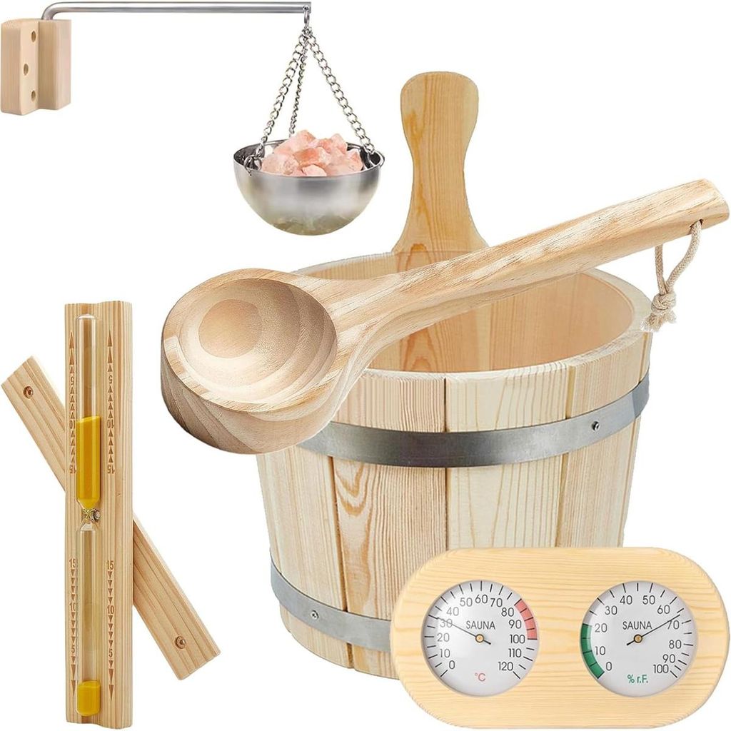 Sauna Eimer Set 5L Holz mit Kelle, Sanduhr, Thermometer & Hygrometer – Premium hitzebeständiges Sauna Zubehör
