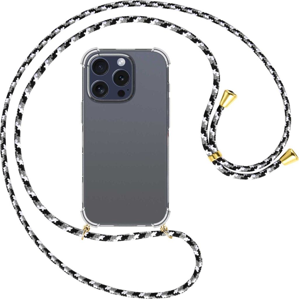 Handykette Backcover-Schutzhülle mit Band (Metall goldfarben) für iPhone 16 Pro - schwarz/grau/weiß