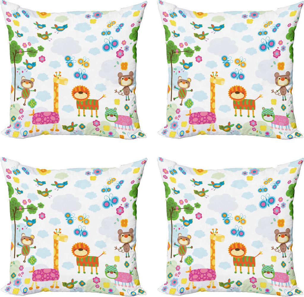ABAKUHAUS Kindergarten Kissenbezug Set (4 Stück), Floral Funny Animals, Moderner Doppelseitiger Digitaldruck, 40 cm x 40 cm, Mehrfarbig