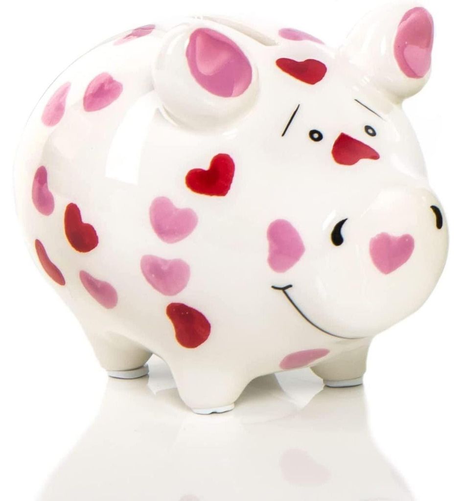 Süßes Sparschwein mit Herzen rosa pink weiß - aus Keramik