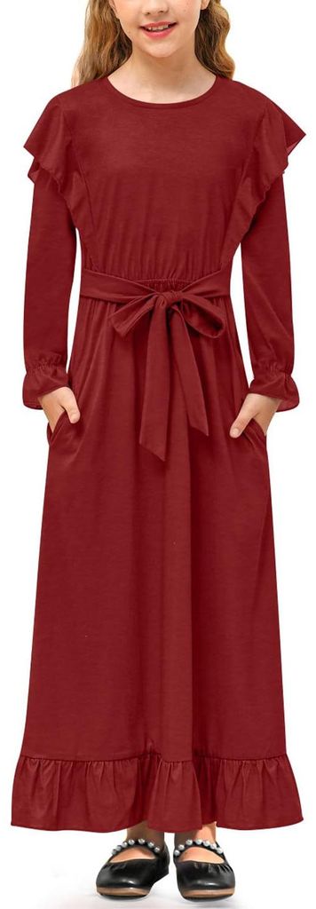 BesserBay Maxi-Kleid Langarm Rüschen Mädchen 7-8 Jahre Rot