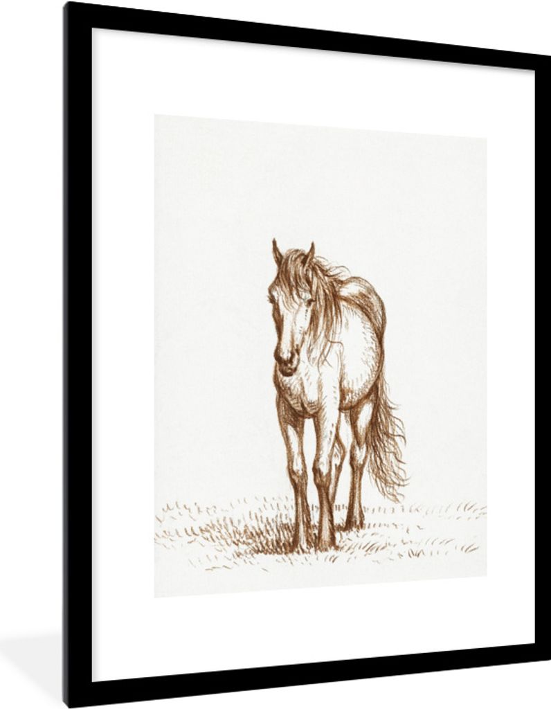 MuchoWow MuchoWow Gerahmtes Poster Stehendes Pferd, von vorne - Gemälde von Jean Bernard 60x80 cm - Poster mit zchwarzem Bilderrahmen - Wohnzi...