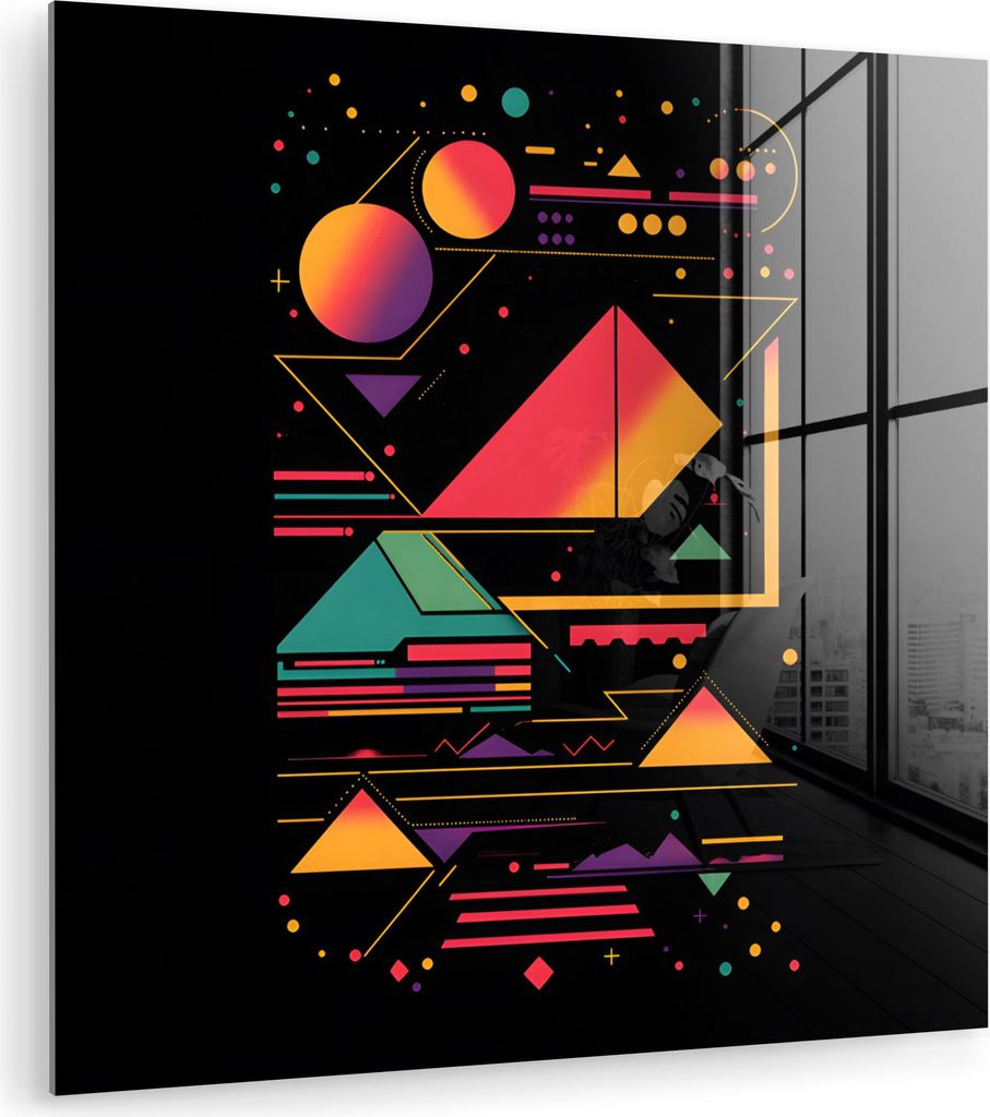 MuchoWow Glasbilder - Bilder auf Wandbild - Foto auf Glas Pyramiden - Kreise - Neonfarben - Geometrisch 30x30 cm Wanddekoration aus Glas - Acrylgla...