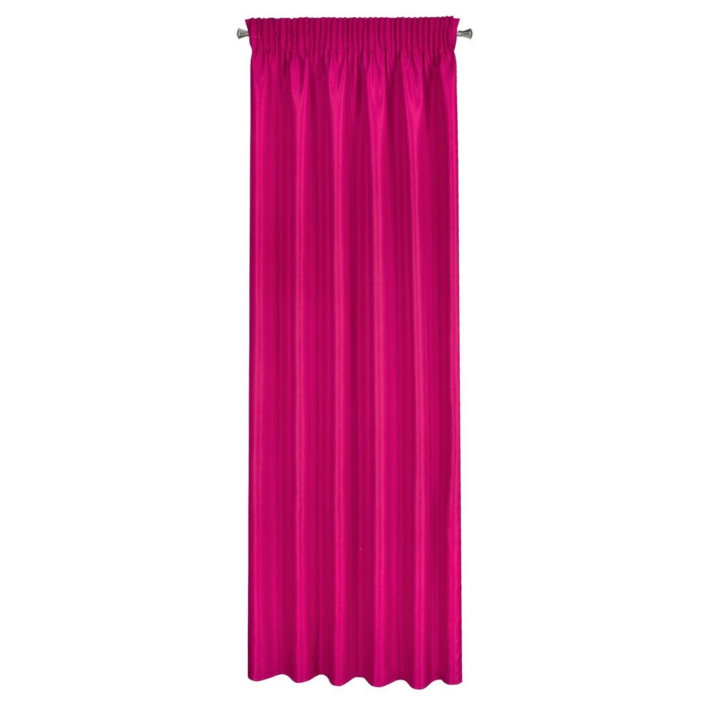 A single pink curtain hanging against a white background.