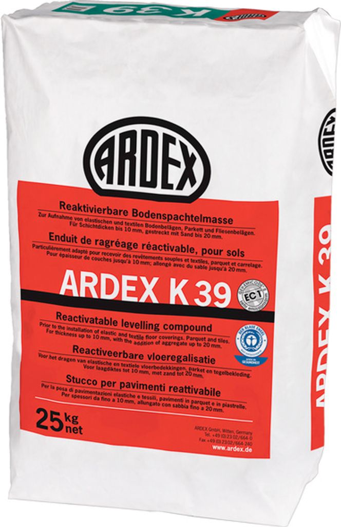 A bag of ARDEX K 39 leveling compound.